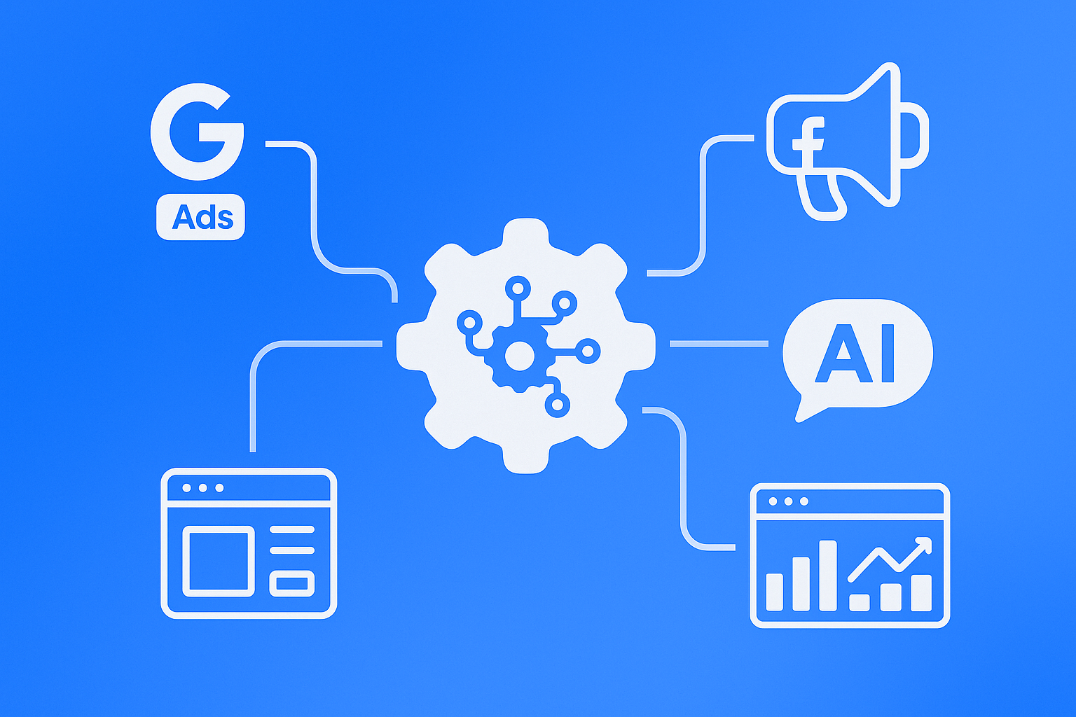 Imagen ilustrativa de un diagrama de flujo con iconos de Google, Facebook, un chatbot y un CRM