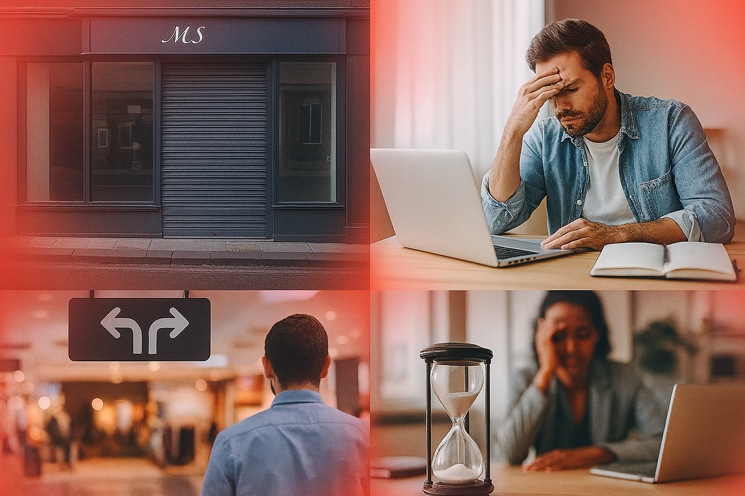 Imagen ilustrativa con iconos de problemas: una lupa tachada, un cliente perdido, un reloj, y un signo de dólar con una flecha hacia abajo